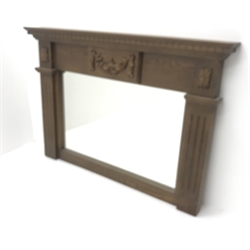 Classical style oak overmantle mirror, projecting cornice, fluted columns, W127cm, H90cm