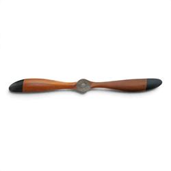 Aviation design two-blade mahogany propeller, shaped blades with black painted ends, central mounting aperture within a circular six-bolt metal hub plate