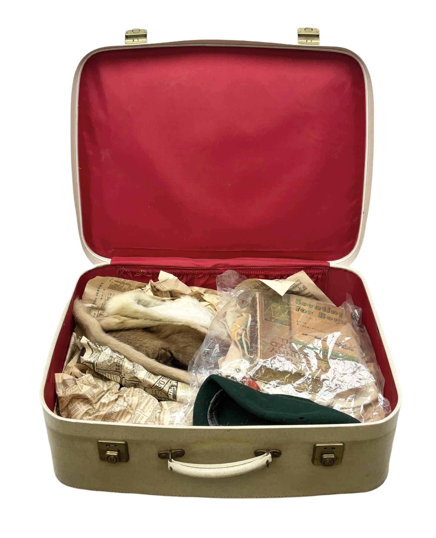 Scout uniform and scout books, together with a vintage suitcase, and mink stoles 
