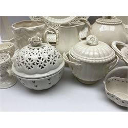 Collection of Leedware, Classical Creamware to include teapot, pair of candlesticks, twin handled basket, etc  