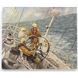 James Lishman (British 1931-2024): 'Pit Stop - Damon Hill World Formula 1 Champion 1996' and 'Rounding the Horn', two oils on canvas signed, titled and dated '97 verso 66cm x 79cm (2) (unframed)