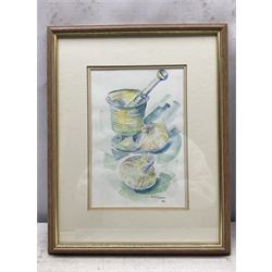 A Stylianou (Cypriot Contemporary): Crushing Garlic and Wine with Cherries, two watercolour still lifes signed and dated 1991, one blind stamped max 31cm x 22cm (2)