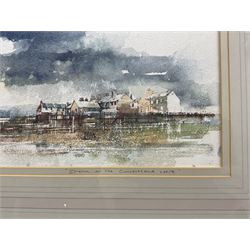 Tom Harland (Yorkshire 1945-2012): 'Storm on the Cumberland Coast', ink and watercolour signed, titled and signed on the mount 24cm x 51cm 