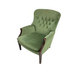 Parker Knoll - hardwood framed armchair, button back upholstered in green fabric