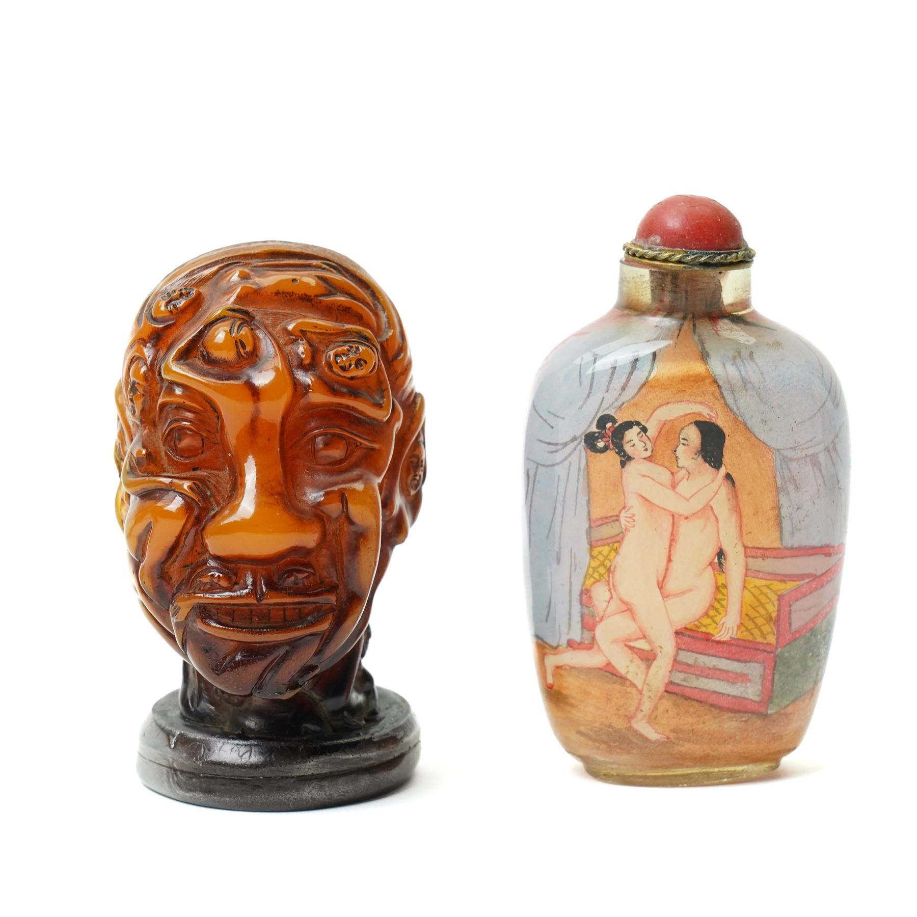 Chinese rock crystal figure of a deity with peaches, H12cm, a Japanese Shunga erotically carved seal, H7cm, an erotically painted Chinese scent bottle, H8cm, Japanese satsuma vase, H16cm and a Chinese famille vert teacup, H6.5cm(5)