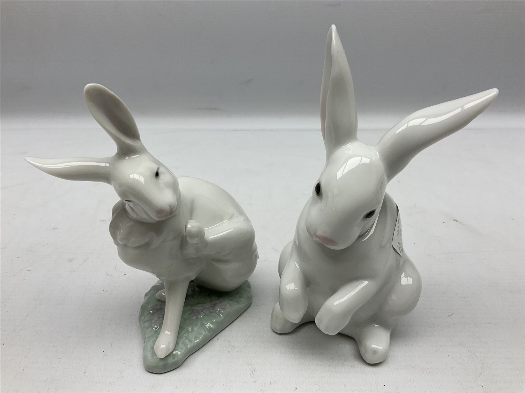 Six Lladro figures, comprising A Friend for Life no 7685, Rabbit Eating no 4773, Sitting Bunny no 5907, Washing up no 5887, Surprised cat no 5114 and Scar-dy Cat no 5092, all with original boxes, largest example H15cm 