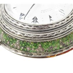 George III silver and gilt metal triple cased verge fusee pocket watch, for the Turkish market by Markwick Markham Borrell, London, No. 23209, ornate classical design pillars, pierced and engraved foliate balance cock, white enamel dial with Turkish numerals, bull's eye glass, the silver cases by James Richards, London 1804, the silver and gilt outer case decorated with green shagreen