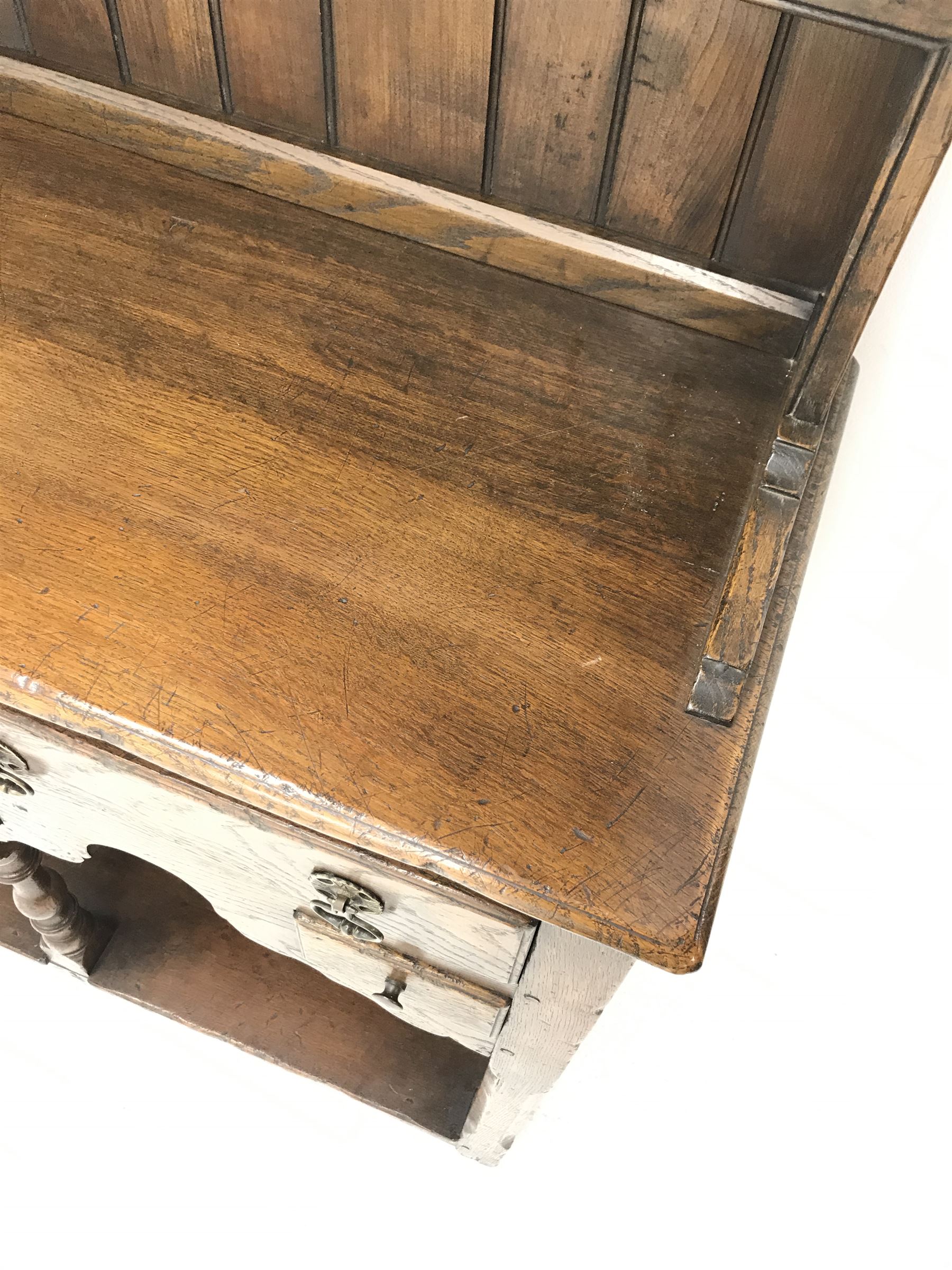 Small Georgian style distressed medium oak dresser, fitted with five drawers, pot-board base and two tier plate rack, W91cm, D37cm, H162cm