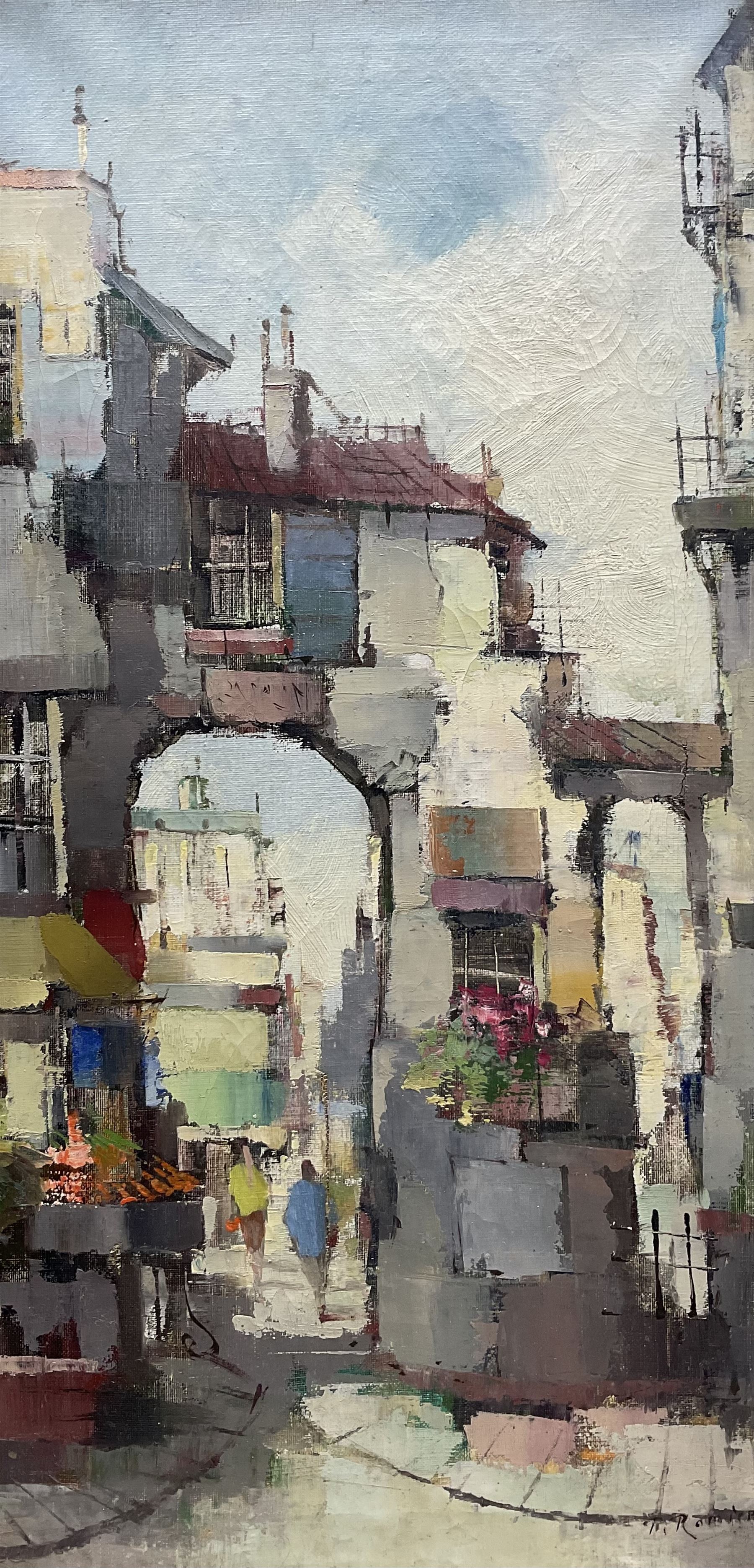 Paul Romier (French 1919-?): Archway in Paris, oil on canvas signed 60cm x 29cm 