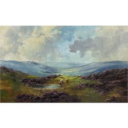 Lewis Creighton (British 1918-1996): Rams in a Heather Moorland Landscape, oil on board signed 52cm x 85cm 