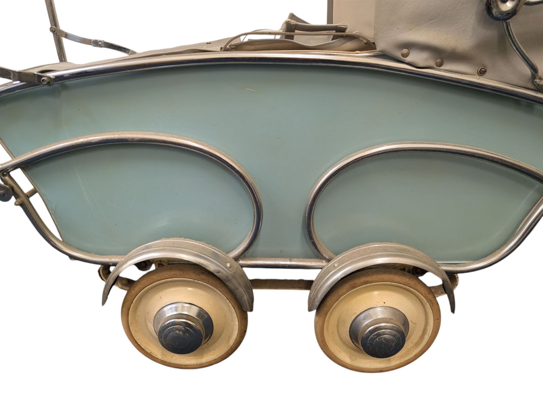 Mid 20th century Dutch baby pram/stroller, with wooden teal sides and chrome chassis, with retailers label for Mors Ouderwetse Kinderwagens, handle H100cm, L130cm