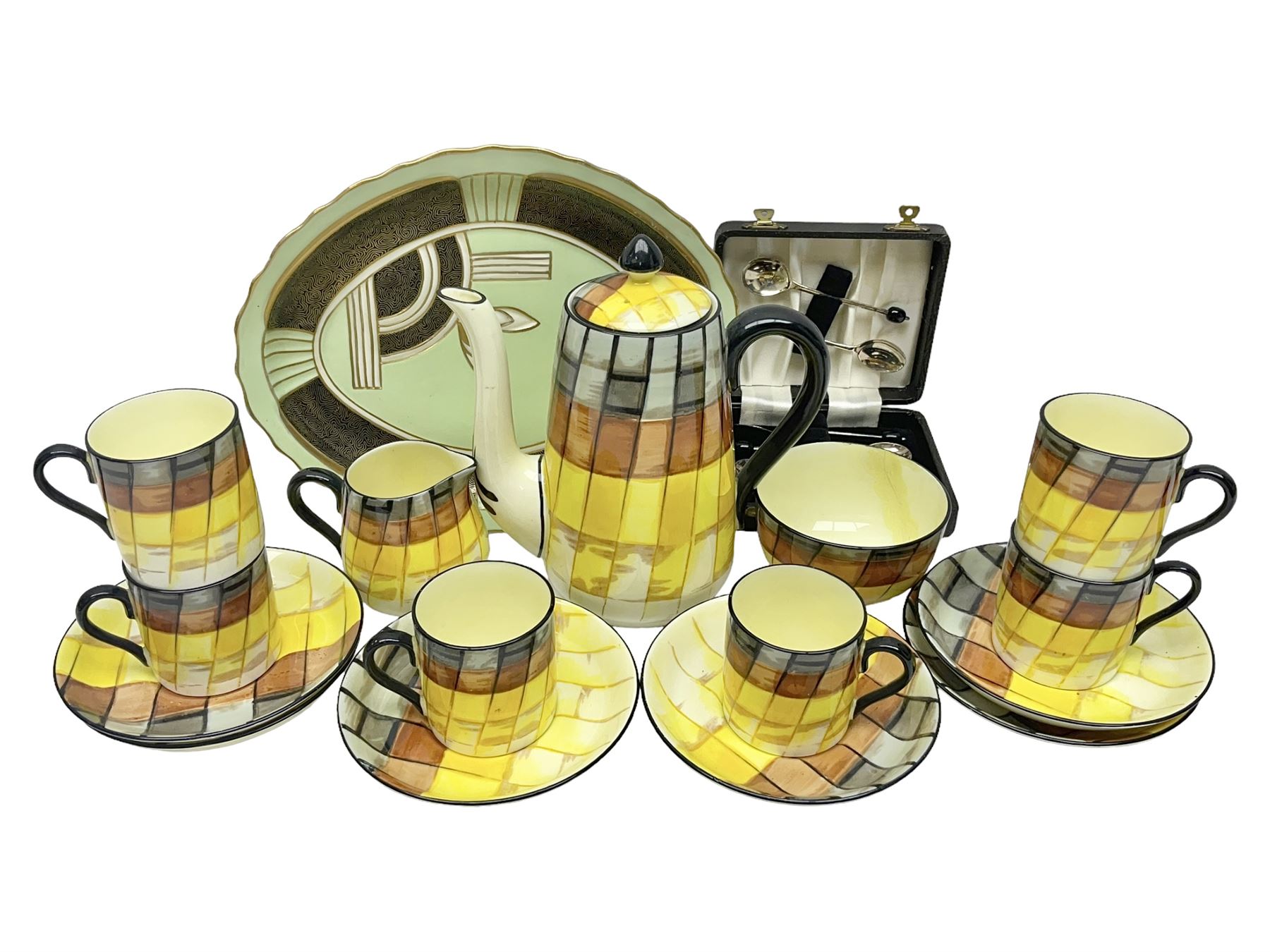 Royal Crown Staffordshire coffee set; Plant Tuscan China Art Deco style dish and cased set of silver plated bean end coffee spoons