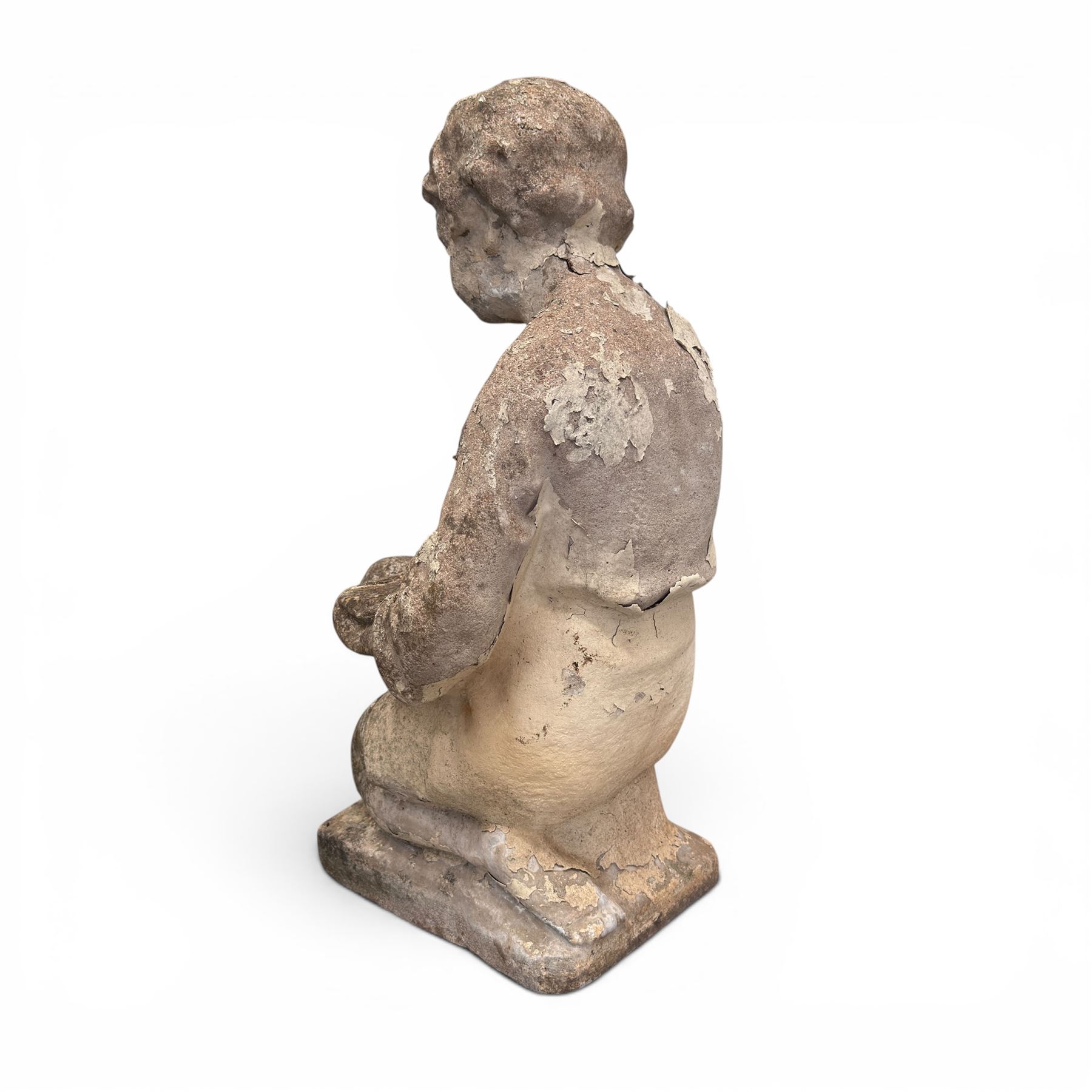Two composition stone garden figures, comprising a seated boy figure and a standing classical draped female figure, each on square base, weathered painted finish.