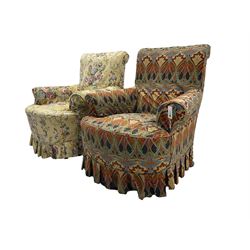 Pair Victorian armchairs, upholstered in loose covers, on turned front supports