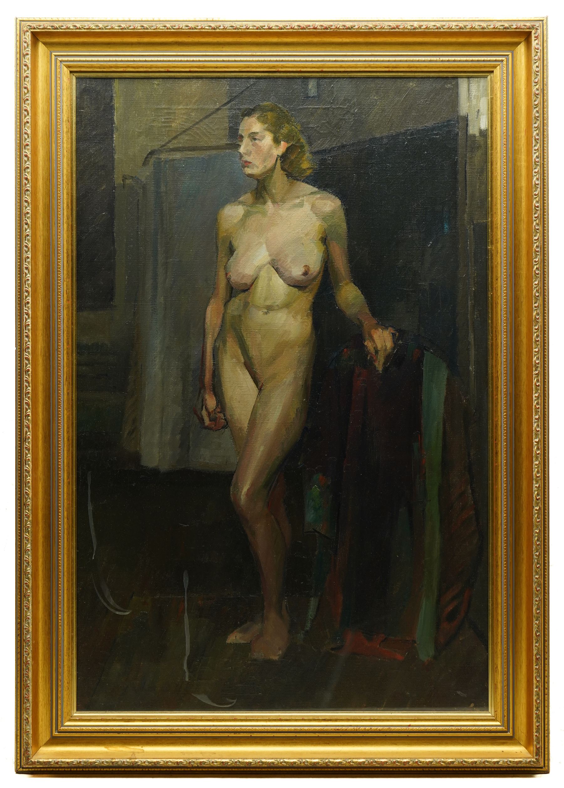 George Hodgkinson (British 1914-1997): Study of a Standing Female Voluptuous Nude, oil on canvas signed verso 75cm x 48cm