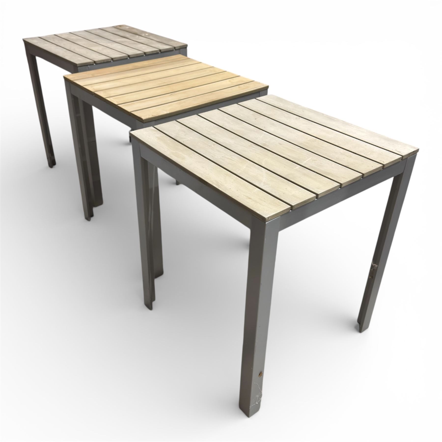 Three aluminium and wood garden tables
