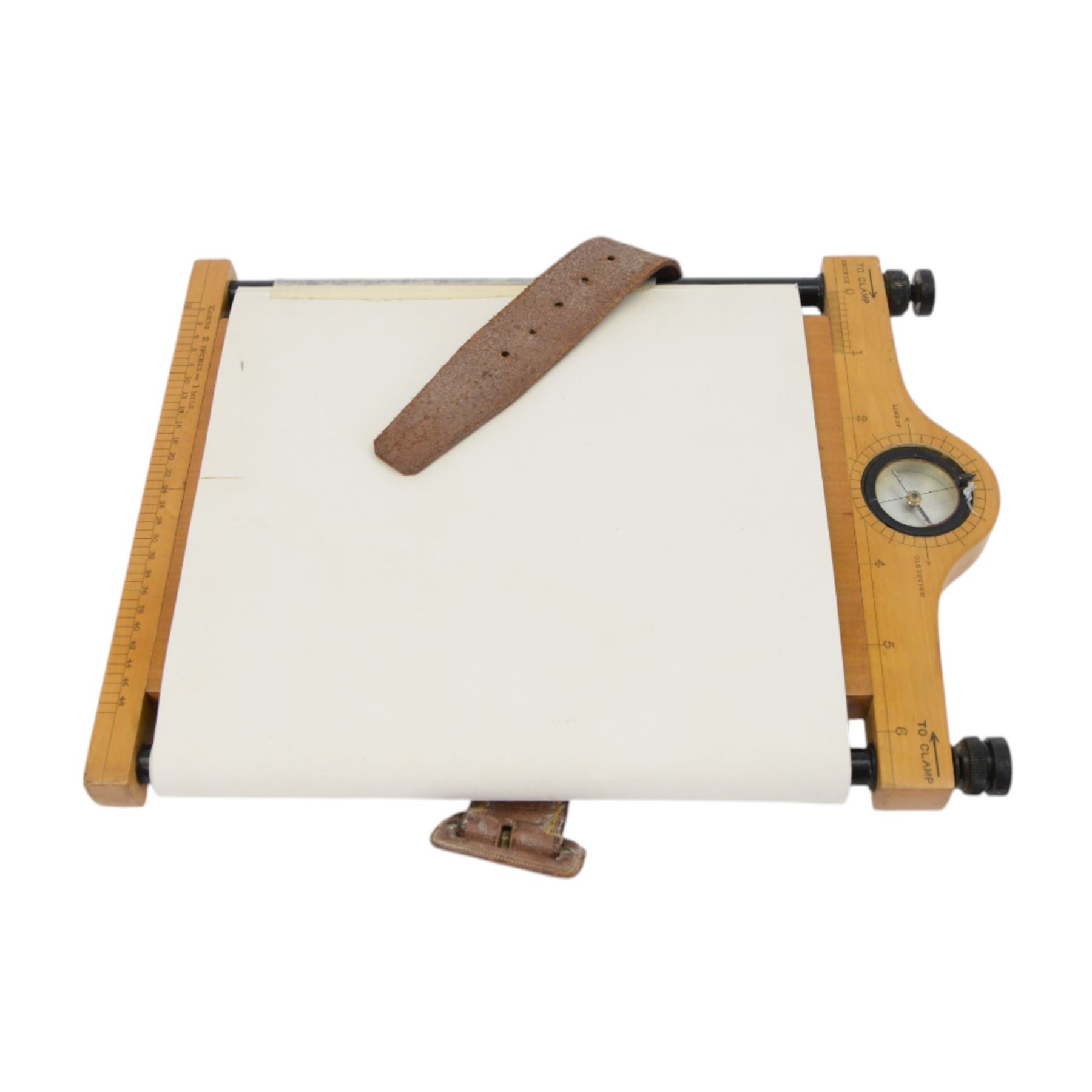 WWI British Army issue map board, stamped Houghton-Butcher, London 1915, fitted with compass, protractor and leather strap, together with two webbing map cases