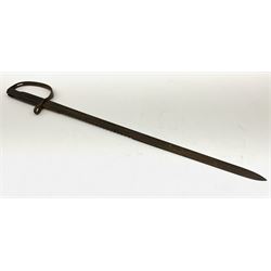 Pattern 1879 Martini Henry Carbine heavy artillery saw-back sword bayonet the 65.5cm fullered blade with various ordnance marks to the ricasso, black chequered grips and D-shaped knuckle guard, lacks scabbard, L79.5cm overall