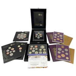 The Royal Mint 2008 United Kingdom brilliant uncirculated coin collection, 2008 Emblems of Britain and Royal Shields of Arms coin collections, 2008 Royal Shield of Arms proof collection cased with certificate, 2010 proof coin collection and two 1970 proof sets 