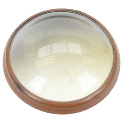 19th century mahogany and brass three drawer telescope, together with a larger leather bound telescope and a large circular metal bound magnifying glass