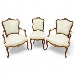 Louis XV design salon suite comprising a pair of walnut and parcel-gilt fauteuil armchairs...