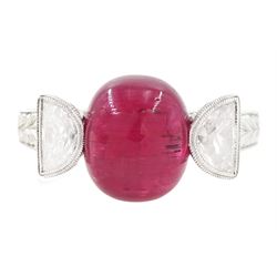 18ct white gold pink tourmaline and diamond ring, single oval cabochon cut tourmaline of a...