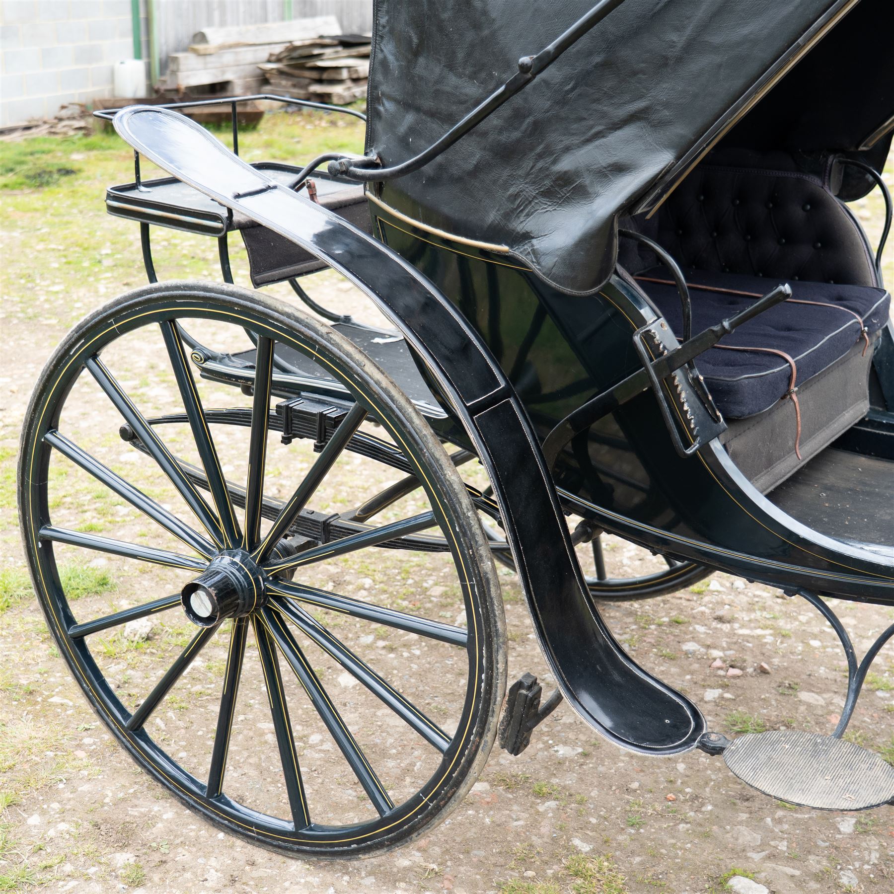 George IV Phaeton Carriage by Mills, Paddington, London

A George IV four wheeled phaeton carriage by Mills, Paddington, London, the hubs stamped accordingly, with black painted bodywork, folding black leather hood, upholstered passenger compartment and rear luggage platform. The carriage is fitted with wooden spoked wheels, yellow coachlining, leaf spring suspension, front mudguards, metal footrests and shafts for single horse use. In original condition by one of the best carriage builders of the day

Features

• Maker’s hubs marked Mills, Paddington, London
• Four wheeled phaeton carriage
• Black painted bodywork with fine yellow coachlining
• Folding black leather hood
• Button upholstered passenger seating
• Rear luggage platform with rail
• Wooden spoked wheels with rubber tyres
• Leaf spring suspension
• Shafts for single horse use
• Front mudguards and metal footrests
• Fitted with a side mounted ratchet hand brake operating on the rear wheel


Dimensions:
Overall length: 305 cm
Width: 160 cm
Height: 213 cm

Wheel Diameters:
Front wheels: 77 cm
Rear wheels: 107 cm

Seating:
Driving seats: 1
Passenger seats: 2