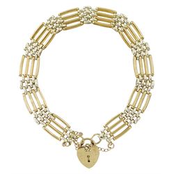 9ct two tone gold four bar gate bracelet, with heart locket clasp, stamped 375