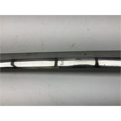 Reproduction Scottish basket hilted broadsword with 85cm double edged steel blade and red lined basket hilt with wire bound grip, in white metal mounted leather scabbard 107cm overall