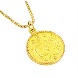 21ct gold Taurus pendant, stamped 875, on 18ct gold popcorn link chain necklace, stamped 750