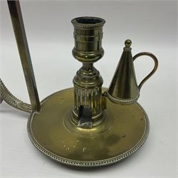 19th century brass Bouillotte candle lamp with adjustable green tole painted shade, with a circular base and snuffer, H36cm