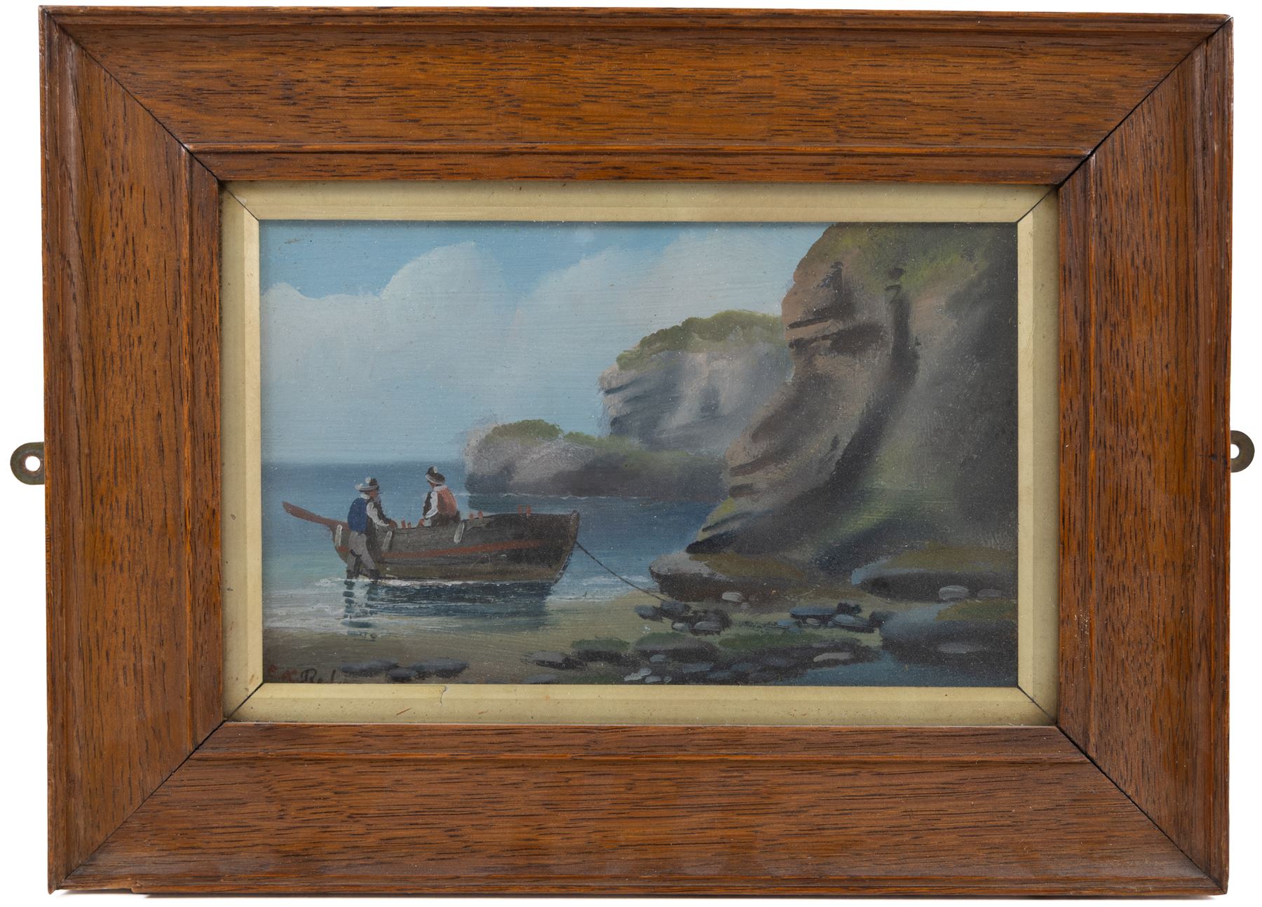 Edward King Redmore (British 1860-1941): Two Boat Scenes with Headlands, two oils on board, together with two further scenes of boats, max 17cm x 18.5cm (4) (one unframed)