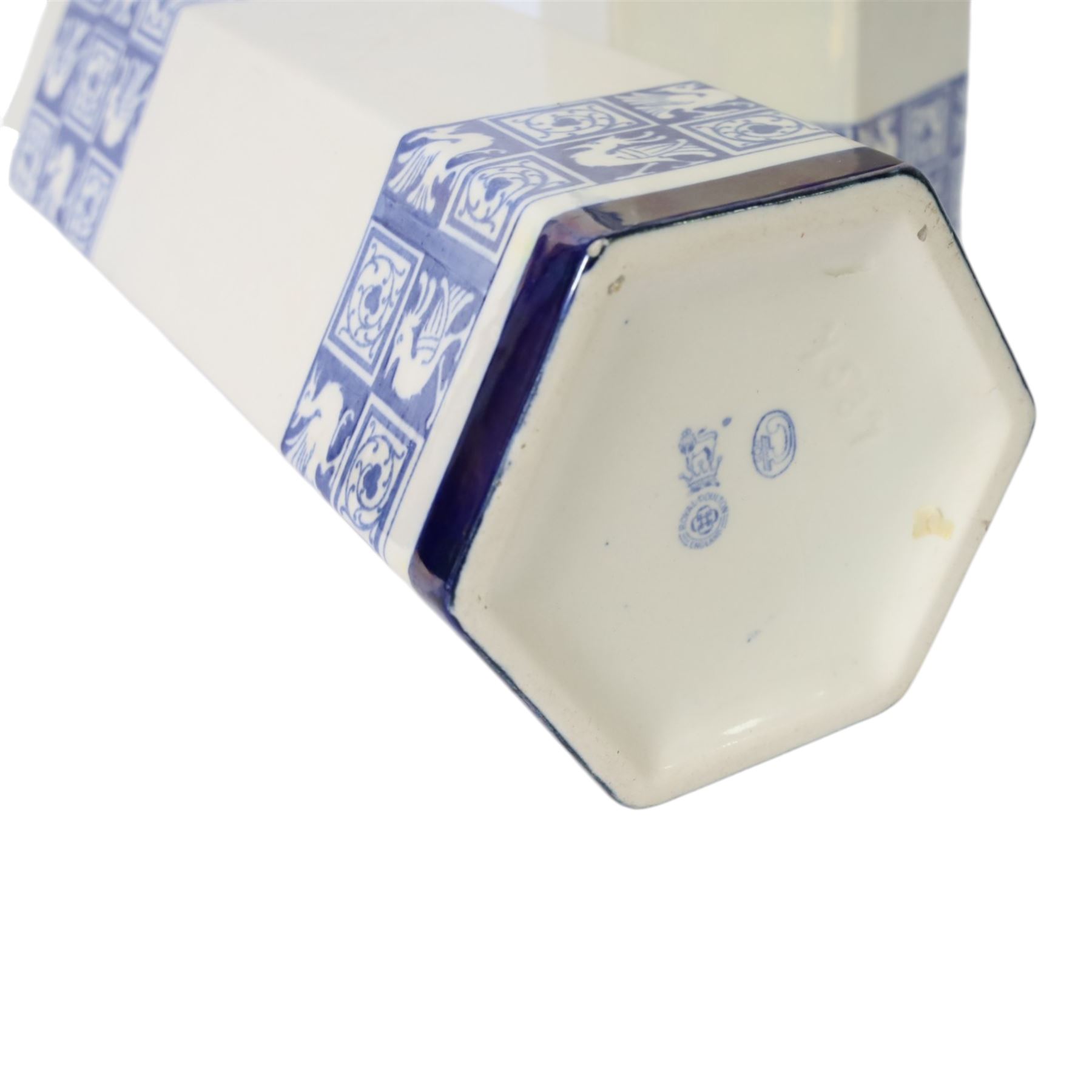 Pair of 1920's Art Deco Royal Doulton lustreware hexagonal vases, with boards of checkerboard design of alternating bird and scroll motifs, designed by Reco Capey, H28cm