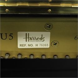 Yamaha model U5 upright piano retailed by Harrods, 88 keys and three pedals within high gloss ebonised case, serial no. 6055292, with Roland black button top piano stool