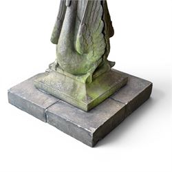 Late 20th century terracotta twin swan sundial, well figured seated back to back with shaped top, raised on four sectional base. Measurements exclude base.
Base: 60cm x 60cm