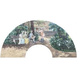 Spanish School (19th/20th century): Sevillian Figures in the Park, gouache design for a fan unsigned, labelled verso 'Bought at Valencia Spain - 20th May 1902', 28cm x 56cm