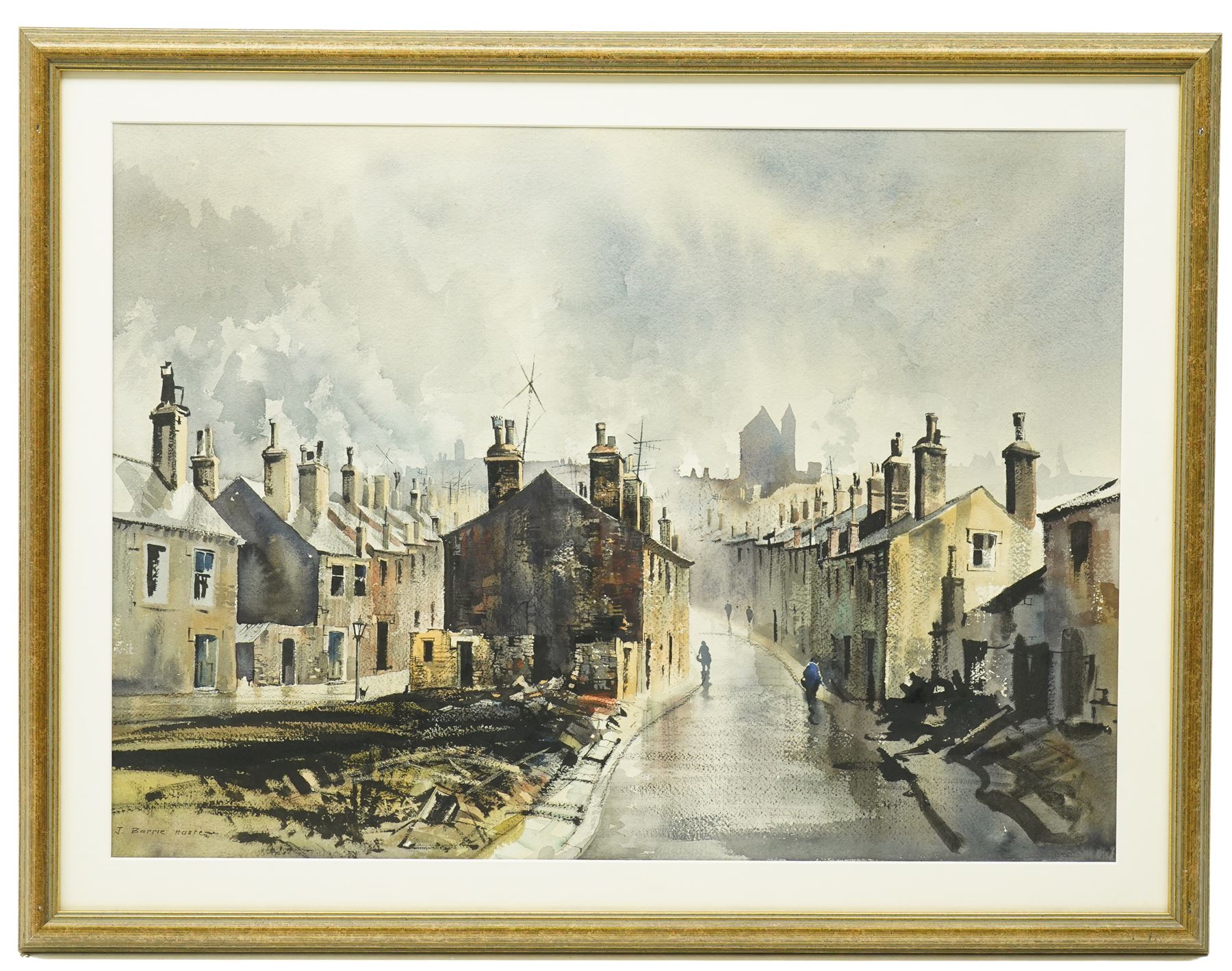 John Barrie Haste (British 1931-2011): Northern British Townscape with Figures, watercolour signed 47cm x 65cm