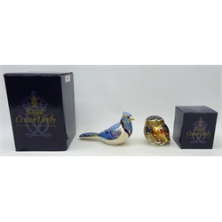  Two Royal Crown Derby paperweights, 'blue jay' and 'little owl', boxed, with gold stoppers  