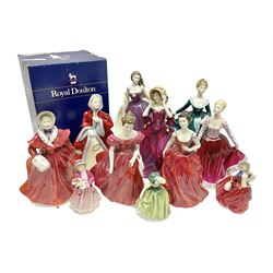 Eight Royal Doulton figures, comprising Rachel HN2936, The Skater HN3439, Janine HN2461, Innocence HN2842, Special Celebration HN4234, Autumn HN4272, Fiona HN2694 and Winsome HN2220, together with three smaller Royal Doulton figures My First Figurine HN3424, Buttercup HN3268 and Autumn Breezes HN2176