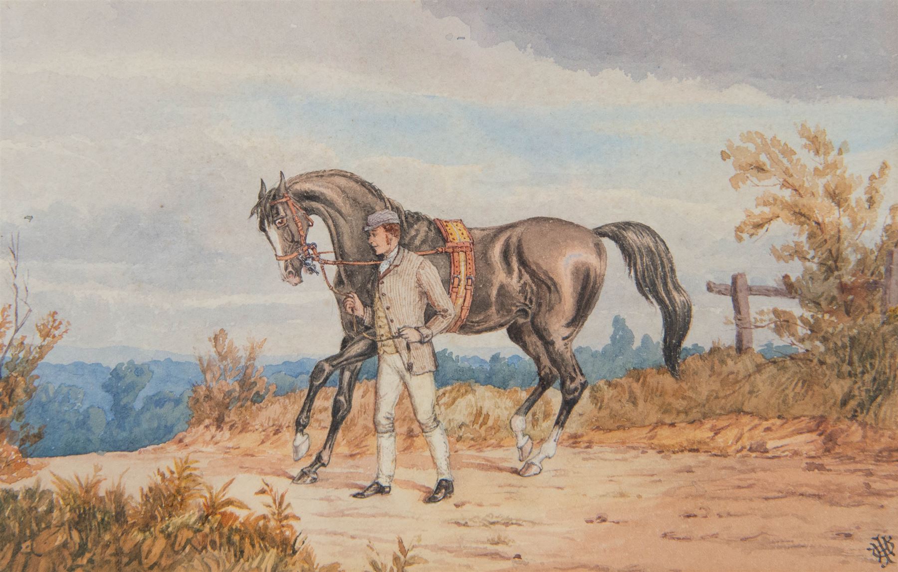 English School (Late 19th Century): Gentlemen and their Horses, set of three watercolours signed with monogram JHD?, 15cm x 24cm (3)