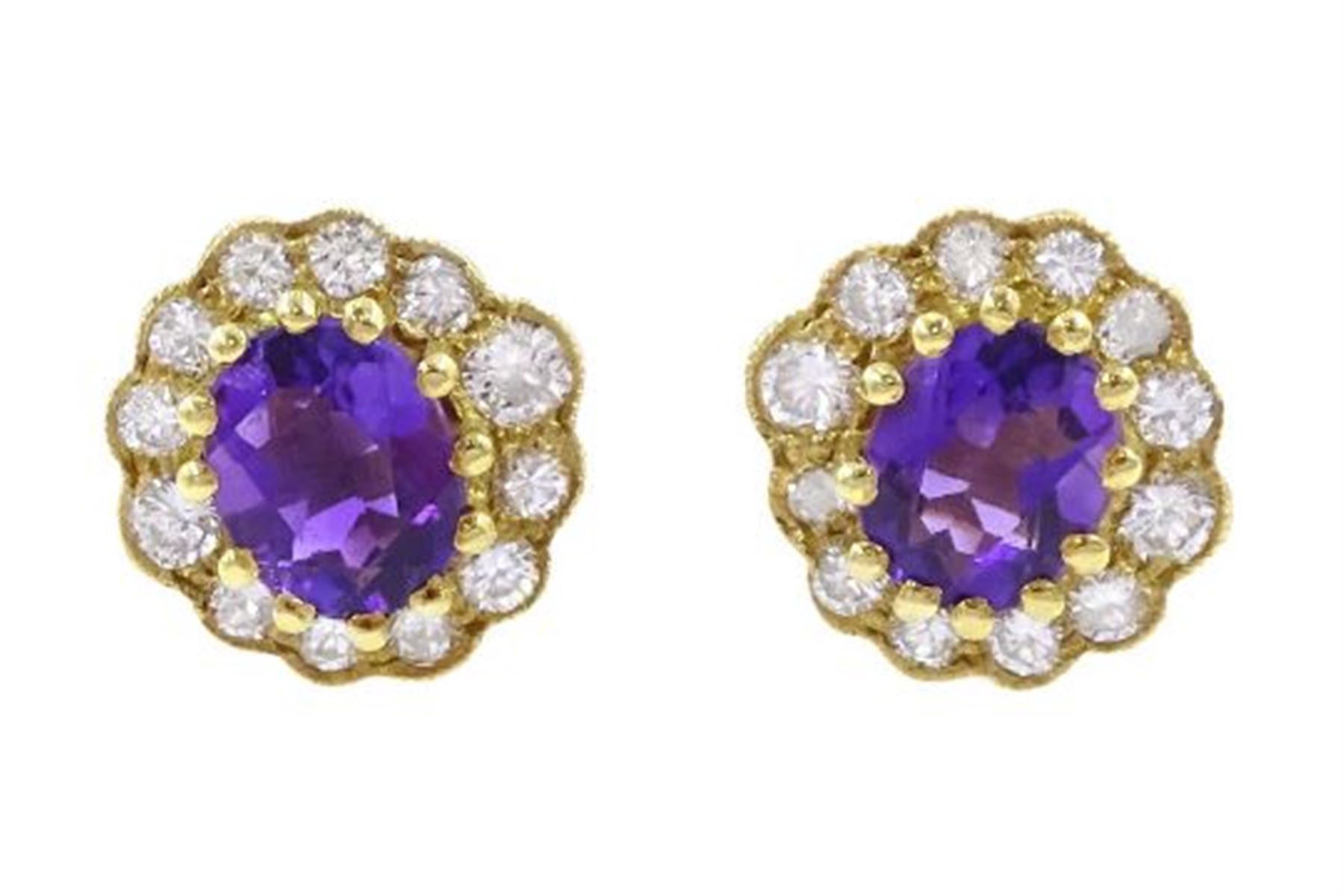 Pair of 18ct gold amethyst and diamond cluster stud earrings, hallmarked