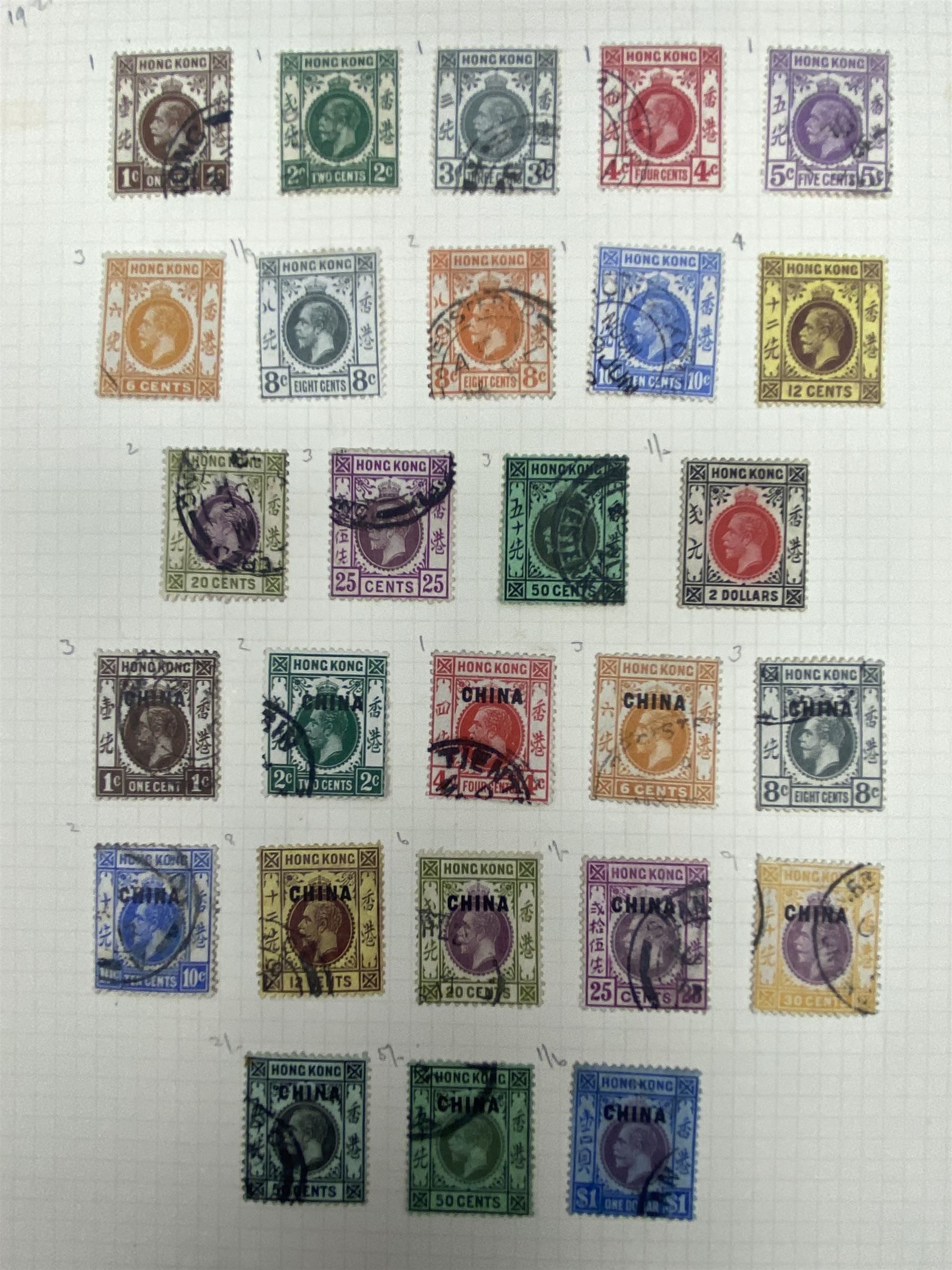 Hong Kong Queen Victoria and later stamps, including 1874-1902 postal fiscal stamps, various King Edward VII issues including one dollars, China overprints etc, housed on pages
