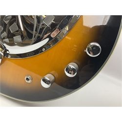 Eastwood of Canada Delta 4 electric four-string tenor resonator guitar with tobacco sunburst finish, serial no.1703437 L100cm; in original soft carrying case