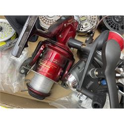Quantity of fly and sea fishing rods and accessories, to include Shakespeare Boat 210 rod, Daiwa rod and others, and Guang Zhao FLD9000 course fishing reel, Beachmaster 7000FD, Rimfly II amd Penn Super Mariner, tackle etc