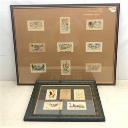  Large framed display of nine WW1 silk postcards including envelope type and named relatives 63 x 80cm and another smaller framed display of silk postcards including view of Ypres and Belgium patriotic etc (2) (mao1607)  