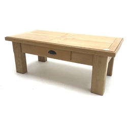 Light oak coffee table, single drawer, square supports, W120cm, H45cm, D60cm