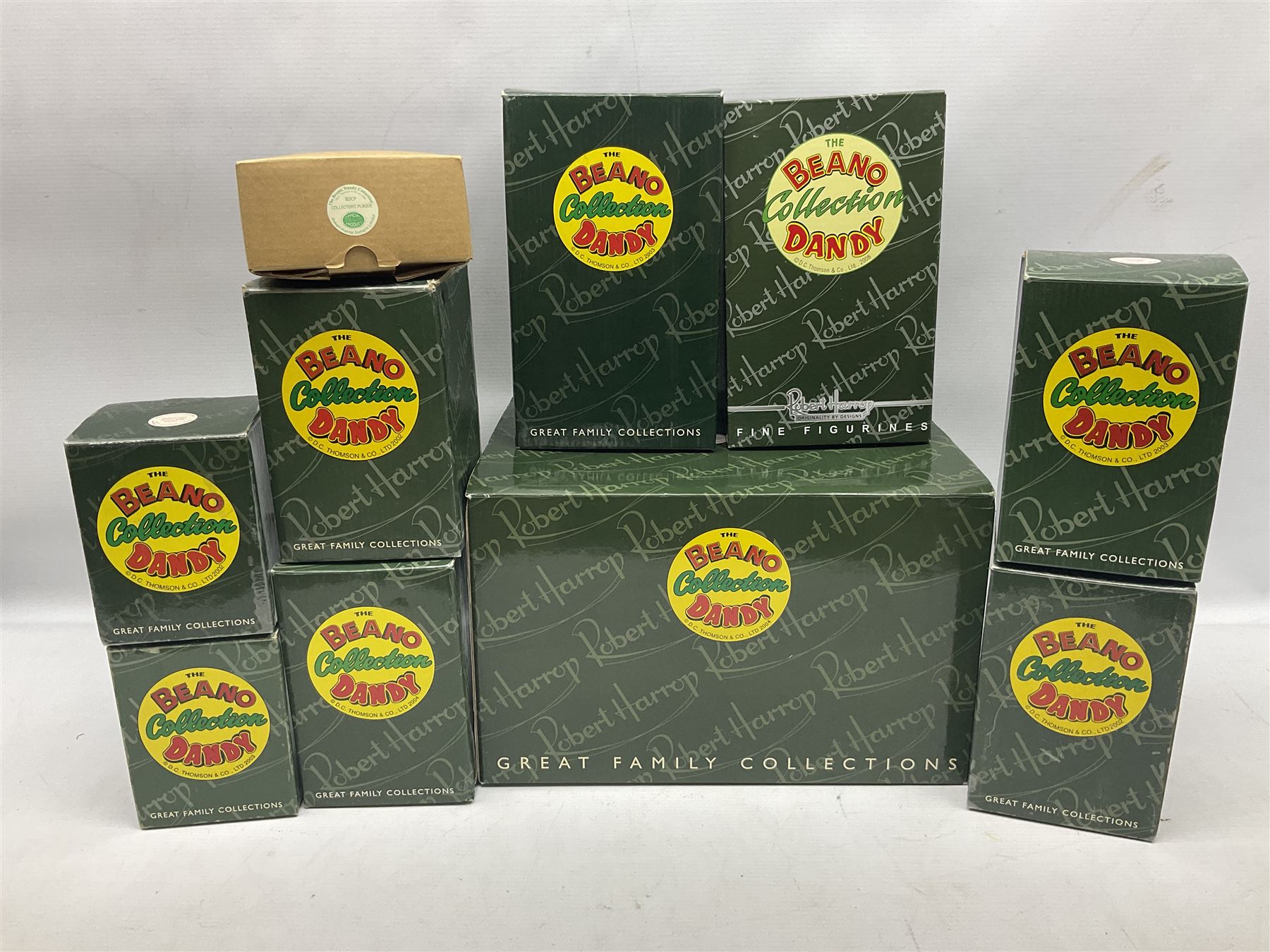 Ten Robert Harrop figures from the Beano Dandy collection, comprising Desperate Dan Keep on Rolling BDS10, Hank From The Three Bears BD37, Desperate Dan CBD15, Little Plum CBD23, 'Erbert CBD16, Fatty CBD08, Babyface Finlayson CBD06, Roger the Dodger CBD04, Beryl the Peril CBD17 and Collectors Plaque BDCP, all with boxes