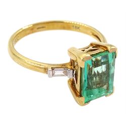 18ct gold three stone octagonal cut emerald and baguette cut diamond ring, hallmarked, emerald approx 2.15 carat