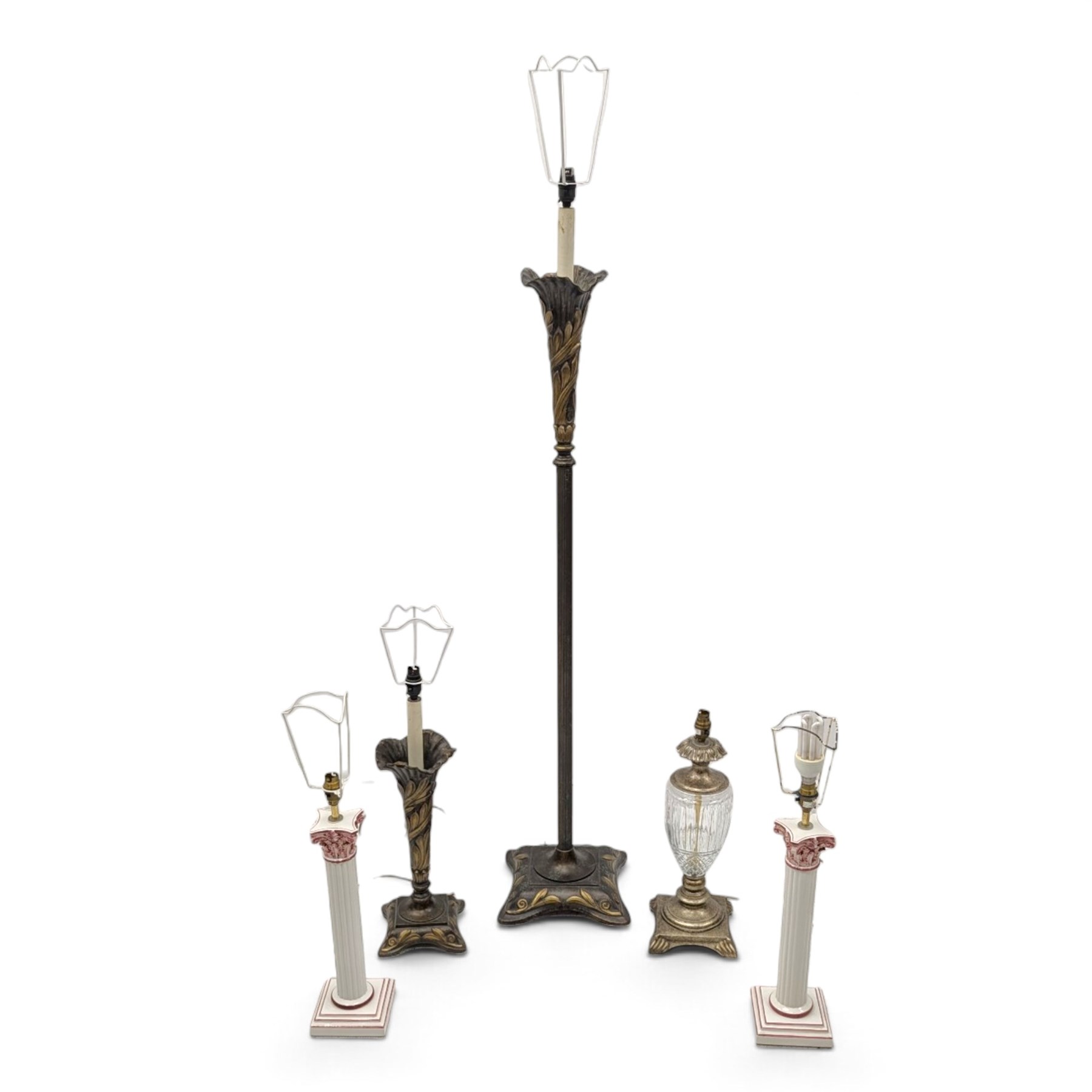 Standard lamp and matching table lamp of art nouveau design, including fittings standard lamp H161cm; together with a glass lamp and pair of table lamps formed as columns, H64cm (5)