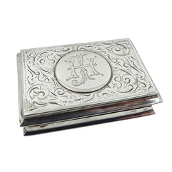 Edwardian silver snuff box, of rectangular form with engraved monogram in circular panel to cover, and engraved scrollwork to cover and base, opening to reveal a gilt interior, hallmarked Joseph Gloster Ltd, Birmingham 1904, L5cm, approximate weight 1.47 ozt (46 grams)